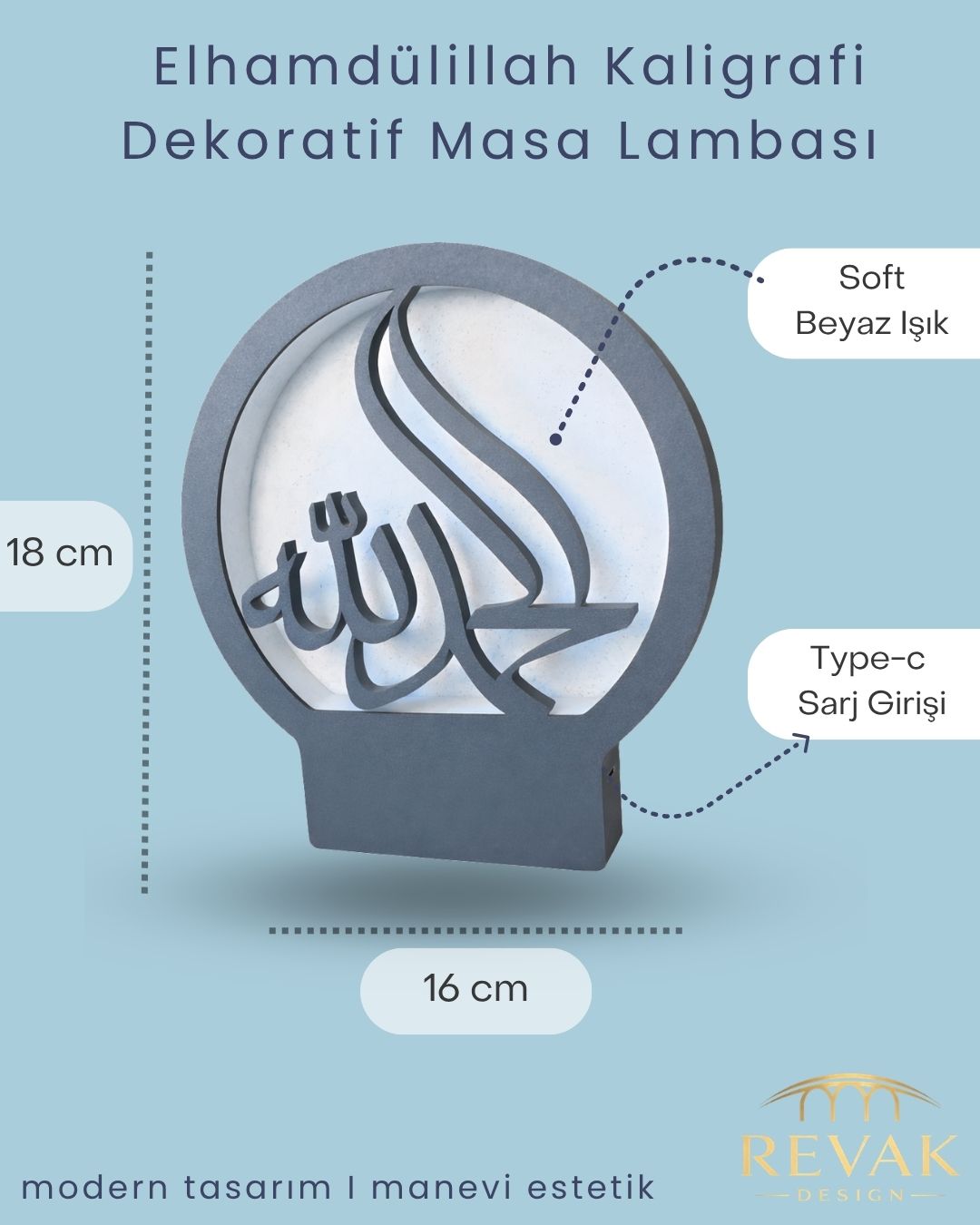 Elhamdülillah Kaligrafi Dekoratif Masa Lambası Gri