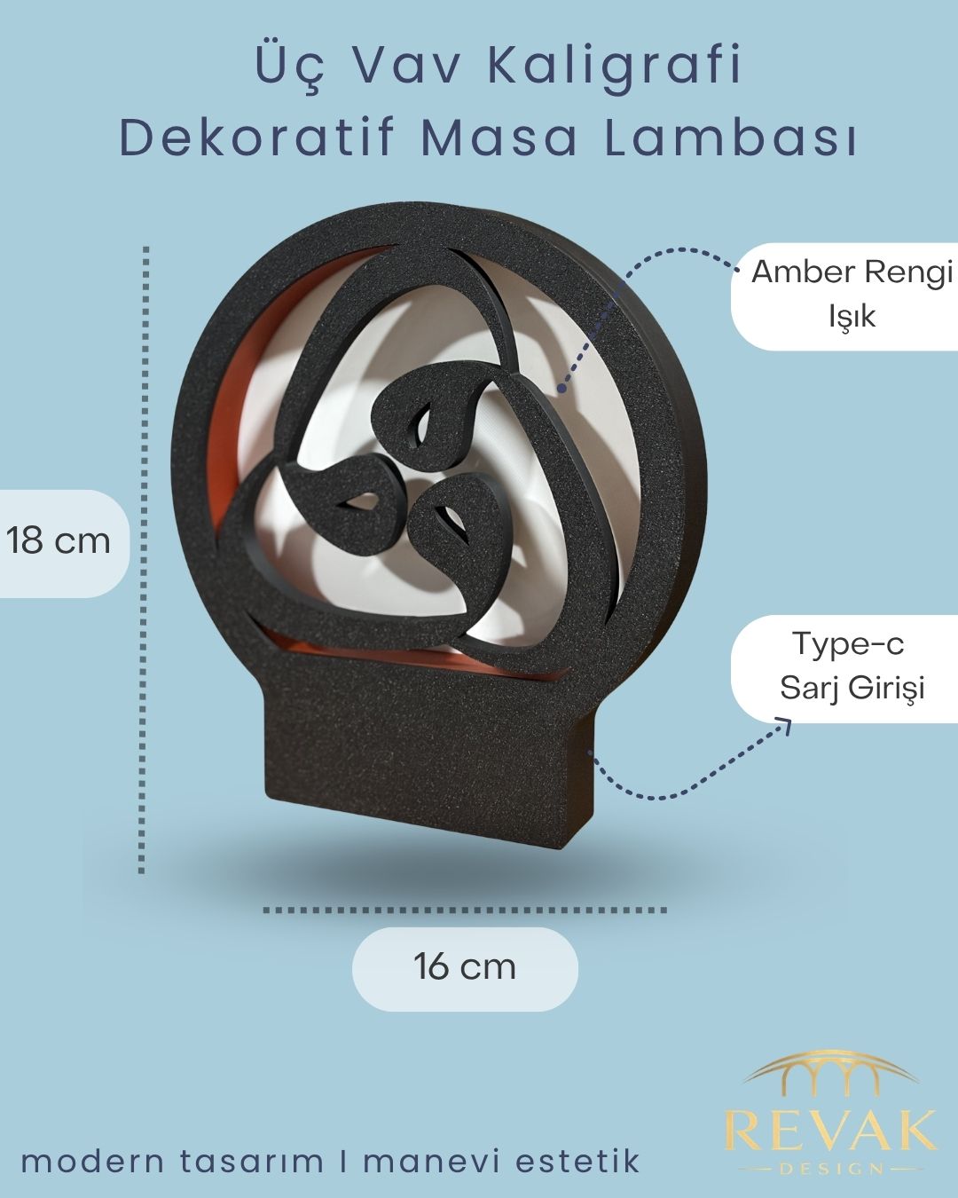 3 Vav, Tevazu ve Kulluğun Sembolü Masa Lambası Siyah